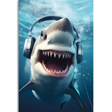 QUADRO SU TELA – SQUALO CON CUFFIE - QUADRI DI ANIMALI DA FESTA CON LE CUFFIE - STAMPE E QUADRI