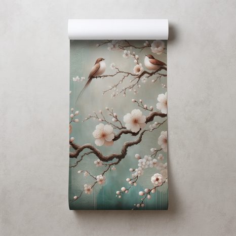 TAPETA JEMNÉ KVĚTY A PTÁČCI NA VĚTVÍCH - TAPETY KVĚTINY - TAPETY