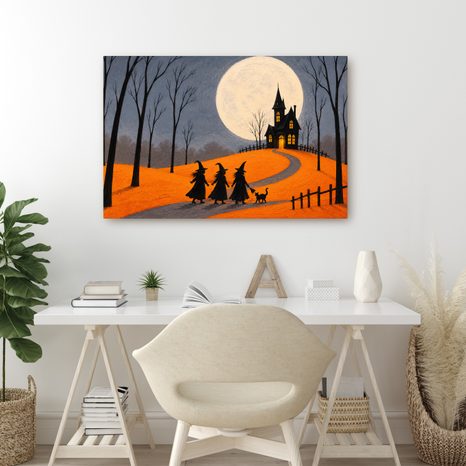 QUADRO SU TELA – STREGA SOTTO LA LUNA PIENA - QUADRI HALLOWEEN E HORROR - STAMPE E QUADRI