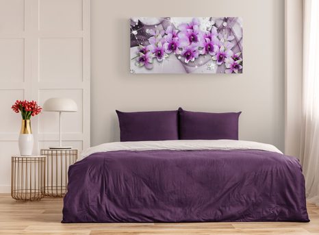 SLIKA VIJOLIČNI CVETOVI NA ABSTRAKTNEM OZADJU - SLIKE ROŽ - SLIKE