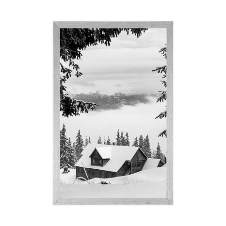 POSTER – CASETTA DI LEGNO TRA I PINI INNEVATI IN BIANCO E NERO - NERO E BIANCO - POSTER