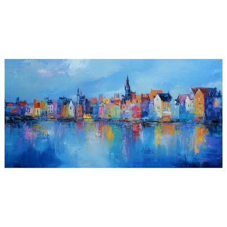 WANDBILD BUNTE STADT AM FLUSS - BUNTE HÄUSER - BILDER