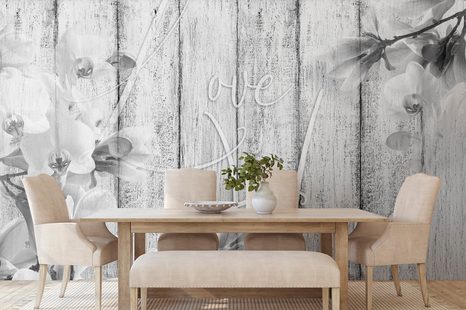 CARTA DA PARATI AUTOADESIVA – NATURA MORTA IN BIANCO E NERO CON SCRITTA - LOVE BEGINS AT HOME - CARTA DA PARATI AUTOADESIVE - CARTA DA PARATI