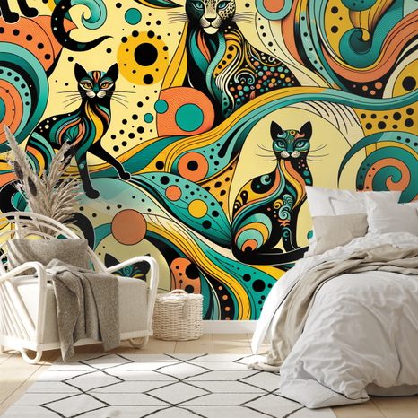 FOTOTAPETE BUNTE ABSTRAKTE KATZEN - TAPETEN MIT TIERMOTIVEN - TAPETEN