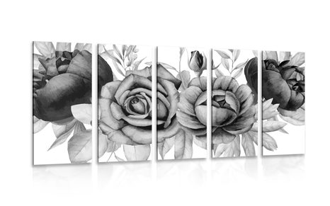 5-PIECE CANVAS PRINT CHARMING COMBINATION OF FLOWERS AND LEAVES IN BLACK AND WHITE