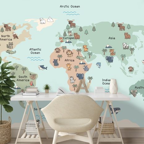 FOTOTAPETA DĚTSKÁ MAPA SVĚTA SE ZVÍŘATY - DĚTSKÉ TAPETY - TAPETY