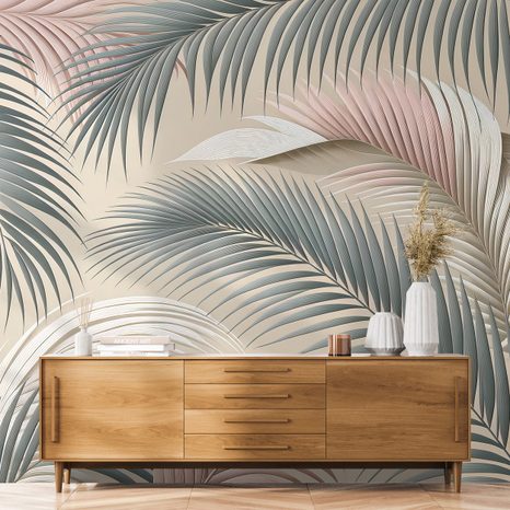 SAMOLEPÍCÍ TAPETA PASTELOVÉ PALMOVÉ LISTY NA BÉŽOVÉ - TAPETY LISTY - TAPETY