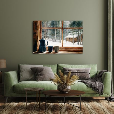 VÁNOČNÍ OBRAZ POHLED Z ÚTULNÉ LESNÍ CHATKY - VÁNOČNÍ A ZIMNÍ OBRAZY - OBRAZY