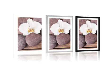 POSTER – PIETRE DEL BENESSERE E ORCHIDEA SU SFONDO IN LEGNO - FENG SHUI - POSTER