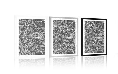 POSTER MIT PASSEPARTOUT TEXTUR DES MANDALAS IN SCHWARZ-WEISS - SCHWARZ-WEISS - POSTER