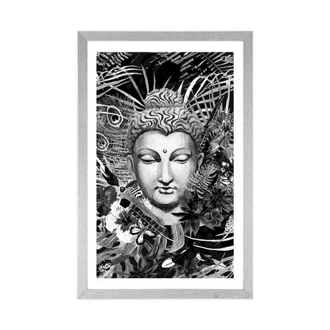POSTER WITH MOUNT BUDDHA ON AN EXOTIC BACKGROUND IN BLACK AND WHITE - BLACK AND WHITE - POSTERS