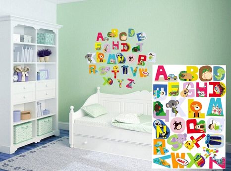 ADESIVI MURALI DECORATIVI ALFABETO CON ANIMALI - PER BAMBINI - ADESIVI