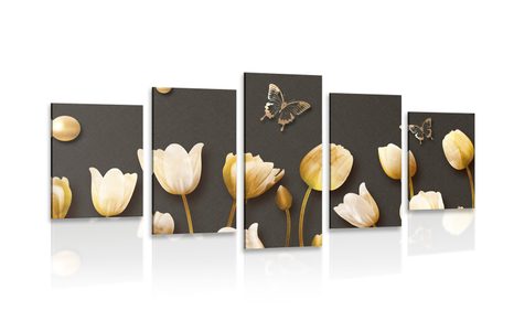 5-PIECE CANVAS PRINT TULIPS WITH A GOLD THEME - PICTURES FLOWERS - PICTURES