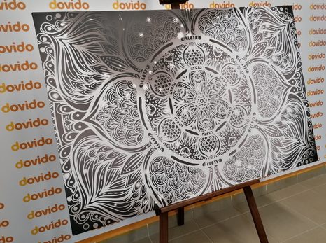 TABLOU MANDALA INDIANĂ CU UN FUNDAL GALACTIC ÎN ALB ȘI NEGRU - TABLOURI ALB-NEGRU - TABLOURI