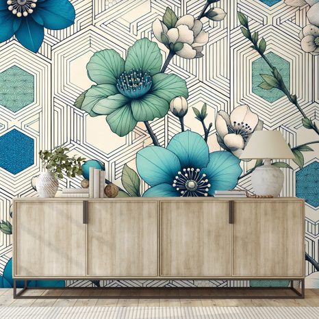 SAMOLEPÍCÍ TAPETA MODRÉ KVĚTY S GEOMETRICKÝM POZADÍM - TAPETY KVĚTINY - TAPETY