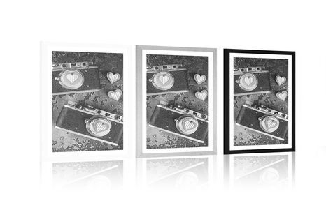 PLAKAT S PASPARTUJEM DVA RETRO FOTOAPARATA V ČRNOBELI VARIANTI - ČRNOBELI - PLAKATI