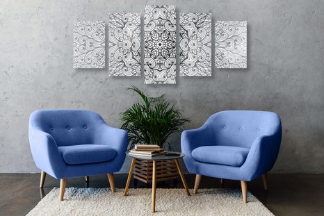 5 RÉSZES KÉP ETNIKUS MANDALA FEKETE FEHÉRBEN - FEKETE-FEHÉR KÉPEK - KÉPEK