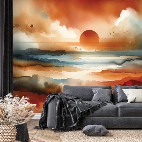TAPETE ABSTRAKTER AQUARELL-SONNENUNTERGANG - TAPETEN SONNENAUFGANG UND SONNENUNTERGANG - TAPETEN