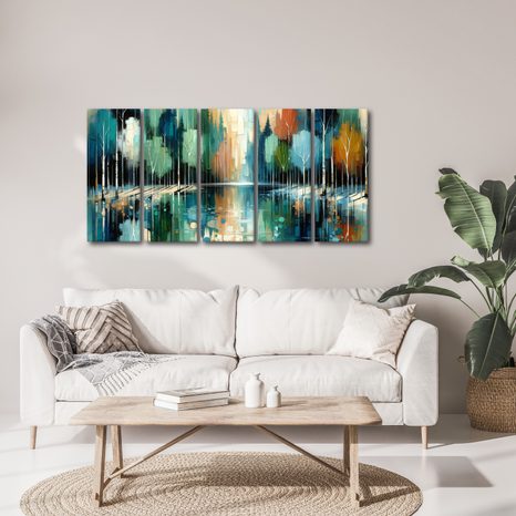 5-TEILIGES WANDBILD RUHIGE WALDREFLEXION - BILDER WALD - BILDER