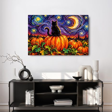 QUADRO SU TELA – GATTO NERO SULLA ZUCCA - QUADRI HALLOWEEN E HORROR - STAMPE E QUADRI