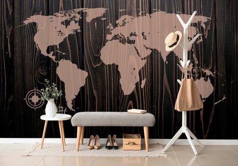 CARTA DA PARATI AUTOADESIVA – MAPPA CON BUSSOLA SU LEGNO - CARTA DA PARATI AUTOADESIVE - CARTA DA PARATI