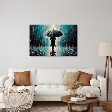 WANDBILD REGENTAG MIT REGENSCHIRM - BILDER VON MENSCHEN - BILDER