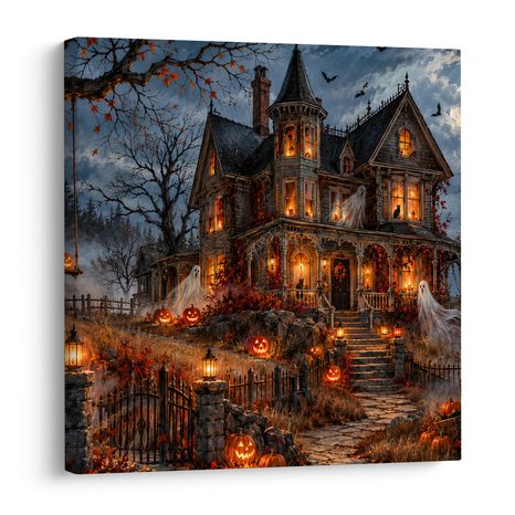 QUADRO SU TELA – CASA DI HALLOWEEN CON FANTASMI - QUADRI HALLOWEEN E HORROR - STAMPE E QUADRI