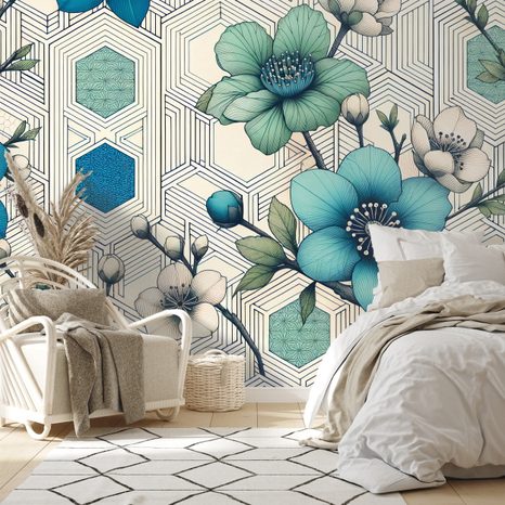 SAMOLEPÍCÍ TAPETA MODRÉ KVĚTY S GEOMETRICKÝM POZADÍM - TAPETY KVĚTINY - TAPETY