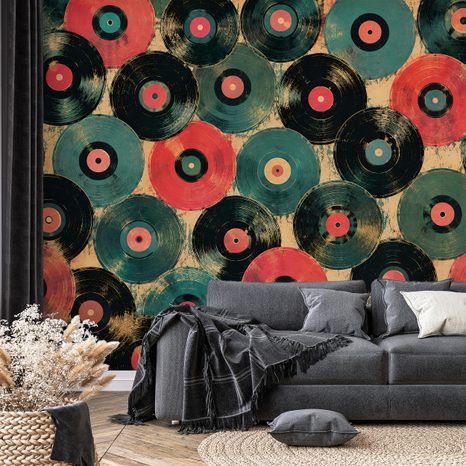 TAPETE RETRO SCHALLPLATTEN IN FARBEN - MUSIK FOTOTAPETEN - TAPETEN