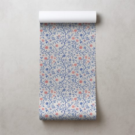 TAPETE BLAUE UND ROSA BLUMENÄSTE - GEMUSTERTE TAPETEN - TAPETEN
