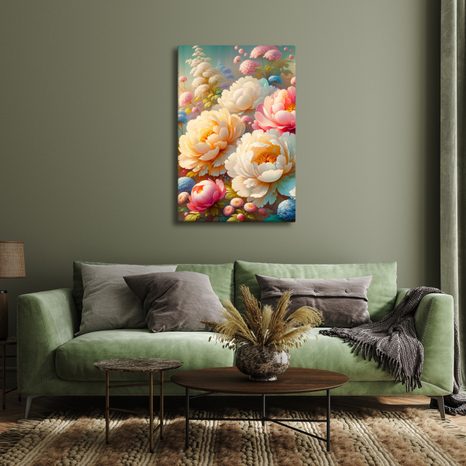 OBRAZ ROMANTYCZNY OGRÓD Z PIWONIAMI - OBRAZY KWIATÓW - OBRAZY