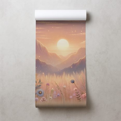 CARTA DA PARATI – PAESAGGIO PASTELLO CON FIORI AL TRAMONTO - CARTA DA PARATI ALBA E TRAMONTO - CARTA DA PARATI