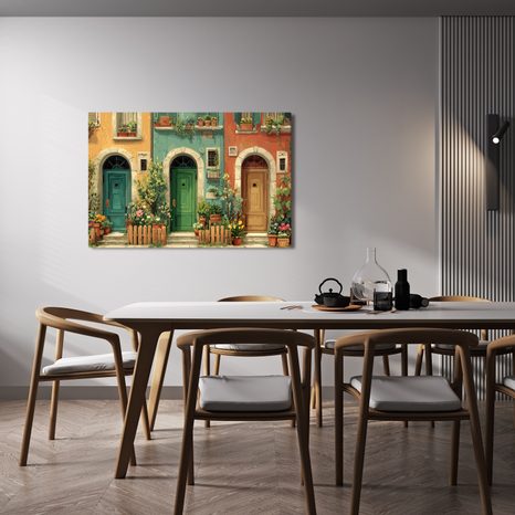 OBRAZ MALEBNÁ ULIČKA S KVĚTINAMI - BAREVNÉ DOMY - OBRAZY