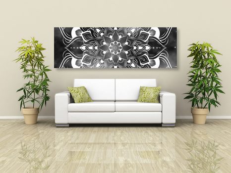 WANDBILD MODERNES MANDALA MIT ORIENTALISCHEM MUSTER IN SCHWARZ-WEISS - SCHWARZ-WEISSE BILDER - BILDER