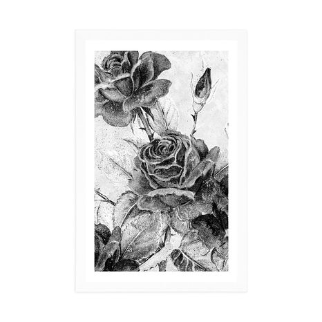 AFFICHE AVEC PASSE-PARTOUT – BOUQUET VINTAGE DE ROSES EN NOIR ET BLANC - NOIR ET BLANC - AFFICHES
