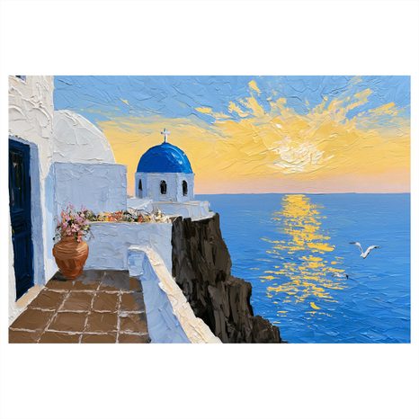 TABLEAU SUR TOILE – ÉGLISE GRECQUE AU-DESSUS DE LA MER - TABLEAUX LEVER ET COUCHER DE SOLEIL - TABLEAUX