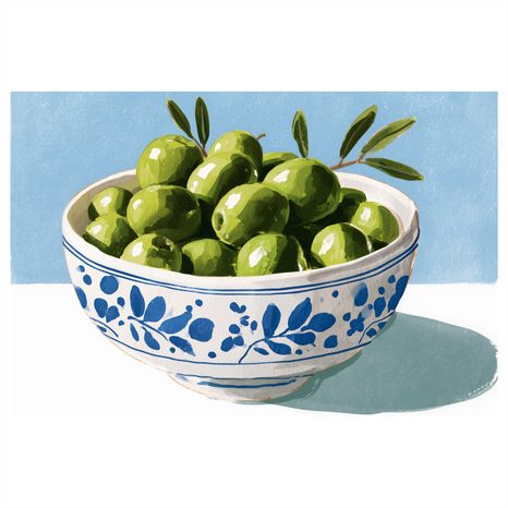 TABLEAU SUR TOILE – OLIVES VERTES DANS UN BOL - TABLEAUX DE NATURES MORTES - TABLEAUX