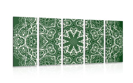 5 PART PICTURE WHITE MANDALA ON A GREEN BACKGROUND