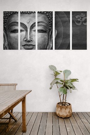 5-DÍLNÝ OBRAZ TVÁŘ BUDDHU V ČERNOBÍLÉM PROVEDENÍ - ČERNOBÍLÉ OBRAZY - OBRAZY