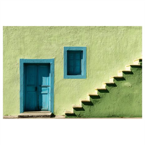 WANDBILD BLAUE TÜR UND TREPPEN - BUNTE HÄUSER - BILDER
