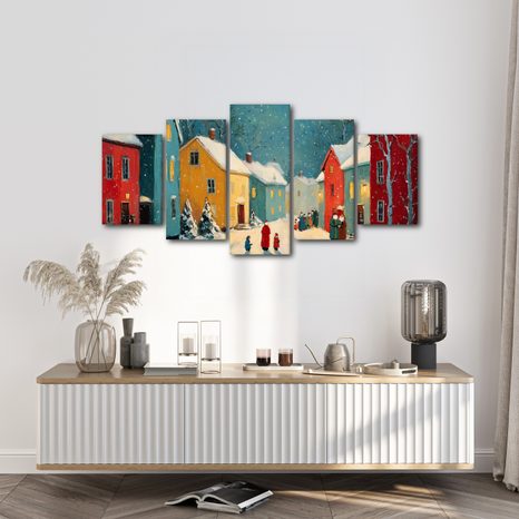 5-DIELNY OBRAZ ZIMNÁ DEDINKA POD SNEHOM - VIANOČNÉ A ZIMNÉ OBRAZY - OBRAZY