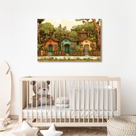 WANDBILD MÄRCHENHAFTE HÄUSER IM GARTEN - BUNTE HÄUSER - BILDER