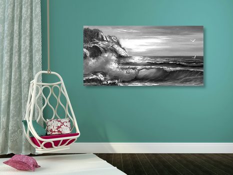 WANDBILD MEERESWELLEN AN DER KÜSTE IN SCHWARZ-WEISS - SCHWARZ-WEISSE BILDER - BILDER