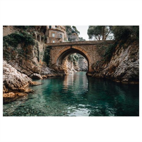 WANDBILD RUHIGES WASSER UNTER DER BRÜCKE - BILDER VON STÄDTEN - BILDER