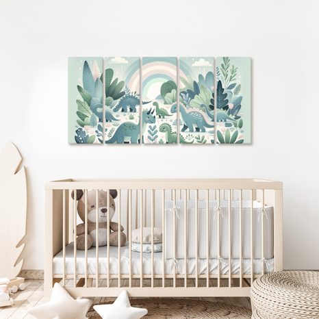5-DÍLNÝ OBRAZ DINO SVĚT S DUHOU A ZELENOU DŽUNGLÍ - DĚTSKÉ OBRAZY ZVÍŘÁTKA - OBRAZY