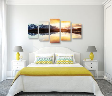 5-DÍLNÝ OBRAZ OSLNIVÝ ZÁPAD SLUNCE NAD HORSKÝM JEZEREM - OBRAZY PŘÍRODY A KRAJINY - OBRAZY