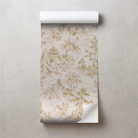 ZELFKLEVEND FOTOBEHANG BEIGE-GOUDEN OOSTERS LANDSCHAP MET PAGODES - FOTOBEHANG FENG SHUI - FOTOBEHANG