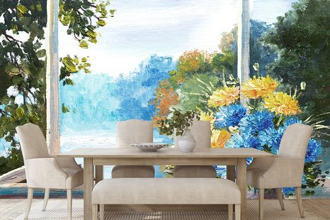 TAPETA SPOMLADANSKI ŠOPEK PRI OKNU - TAPETE V IMITACIJI UMETNIŠKIH SLIK - TAPETE