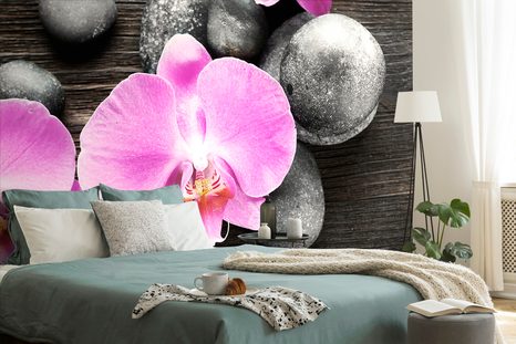 CARTA DA PARATI – SPLENDIDA ORCHIDEA E PIETRE - CARTA DA PARATI FENG SHUI - CARTA DA PARATI