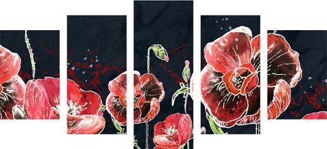 TABLOU 5-PIESE MACI ROȘII PE FUNDAL NEGRU - TABLOU FLORI - TABLOURI